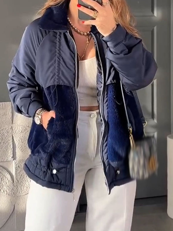 Women Stand Collar Patchwork Plush Casual Cotton Jacket