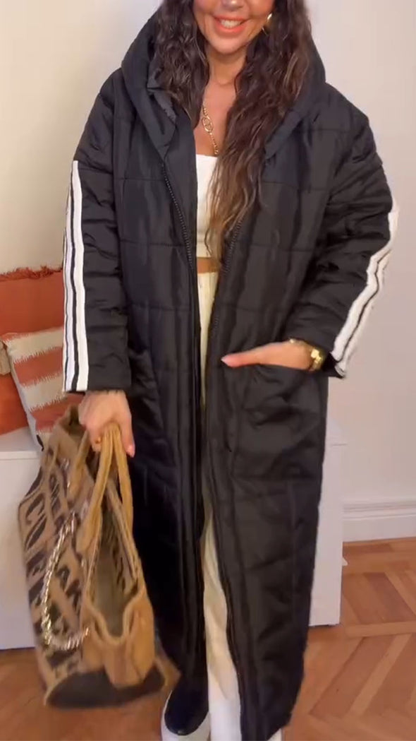 Women Hooded Vertical Striped Casual Long Cotton Jacket