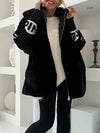 Women Hooded Patchwork Knitted Sleeve Casual Plush Coat