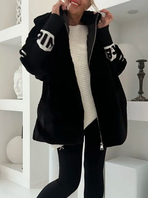 Women Hooded Patchwork Knitted Sleeve Casual Plush Coat