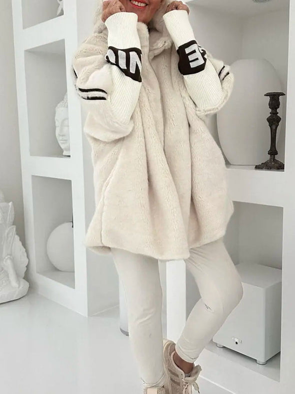 Women Hooded Patchwork Knitted Sleeve Casual Plush Coat