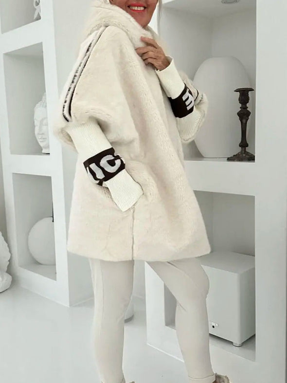 Women Hooded Patchwork Knitted Sleeve Casual Plush Coat