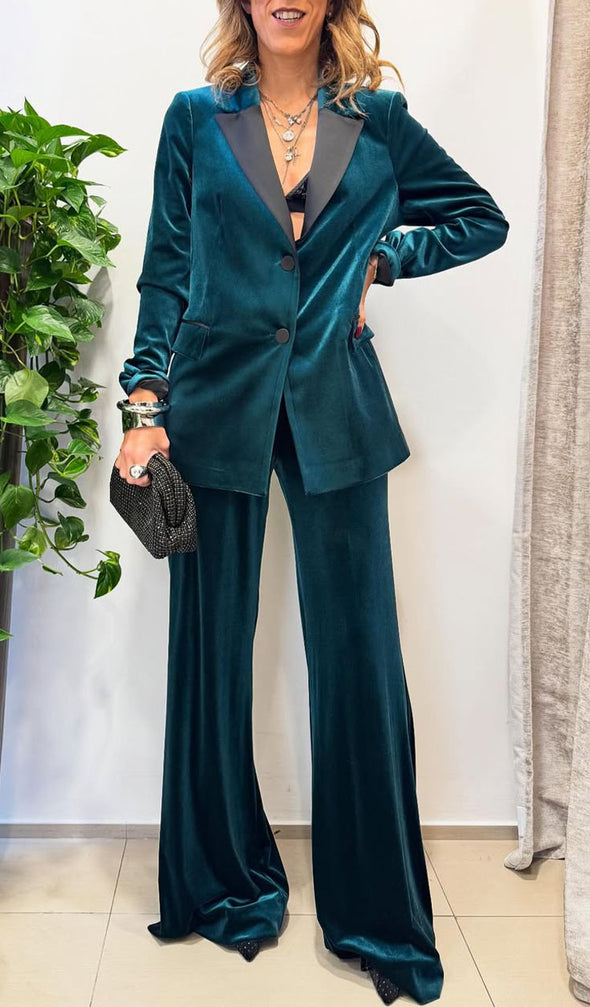 Women Collar Velvet Jacket+ Pants Temperament Dinner Casual Set