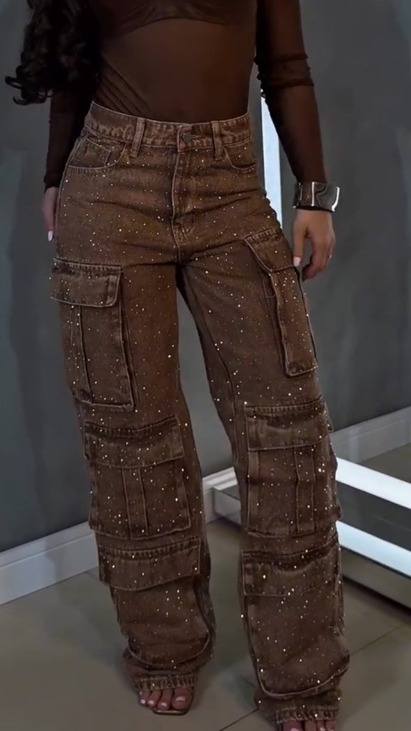Women Hot Stamping Diamond Splicing Multiple Pockets Temperament Casual Cargo Pants