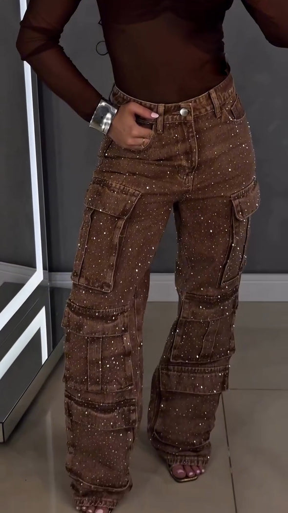 Women Hot Stamping Diamond Splicing Multiple Pockets Temperament Casual Cargo Pants