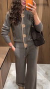 Women Round Neck Breasted Knitted Cardigan+ Pants Casual Suit