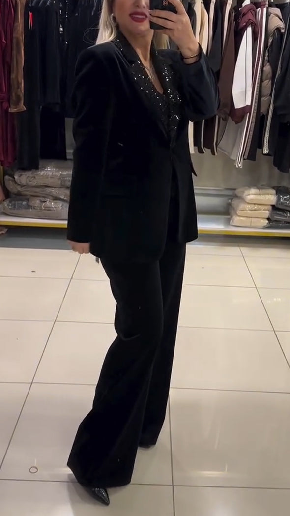 Women Laple Collar Sequin Jacket+ Pants Temperament Commuting Suit