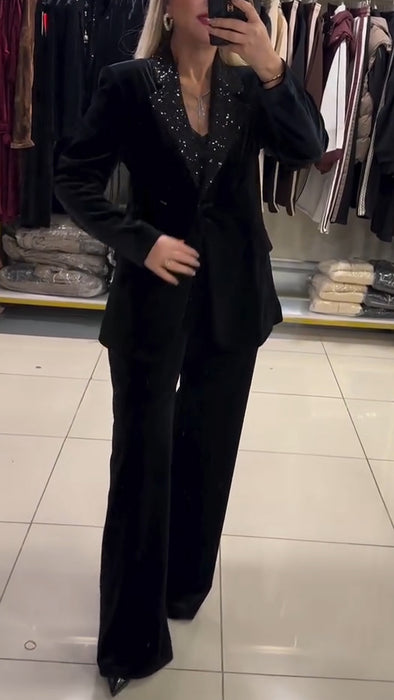 Women Laple Collar Sequin Jacket+ Pants Temperament Commuting Suit