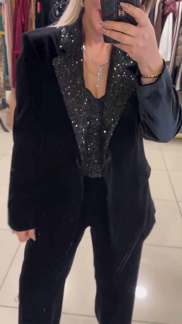 Women Laple Collar Sequin Jacket+ Pants Temperament Commuting Suit