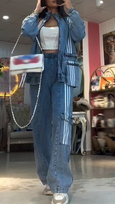 Women Round Neck Striped Jacket + Pants Casual Denim Set