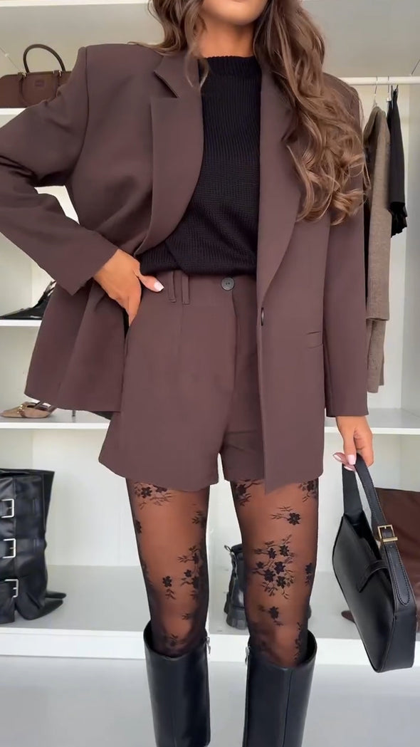 Women Laple Collared Blazer + Shorts Solid Color Temperament Commuter Suit