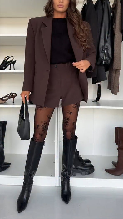 Women Laple Collared Blazer + Shorts Solid Color Temperament Commuter Suit