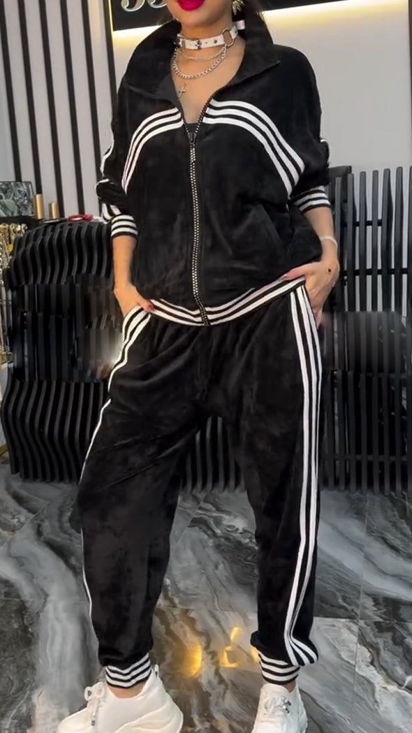 Women Laple Collared Striped Jacket + Trousers Casual Suit