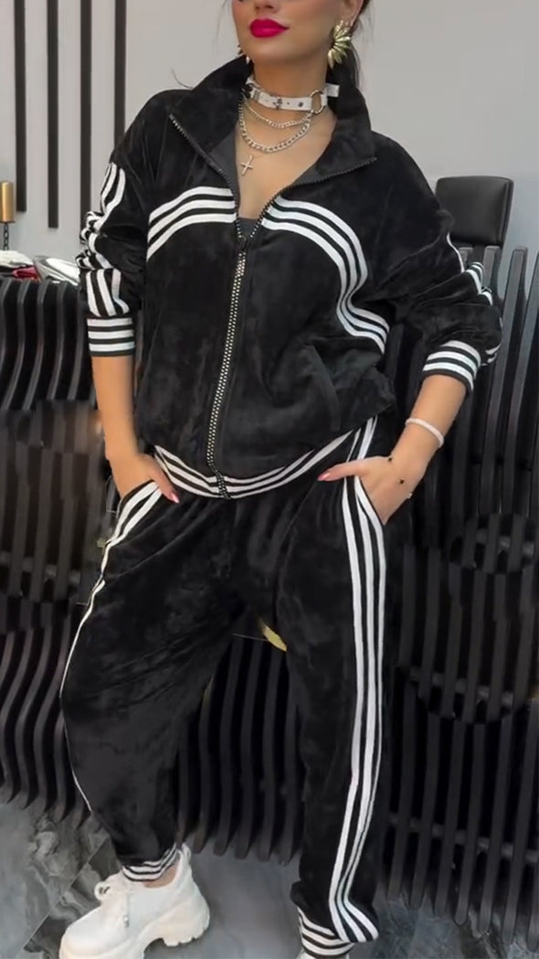 Women Laple Collared Striped Jacket + Trousers Casual Suit