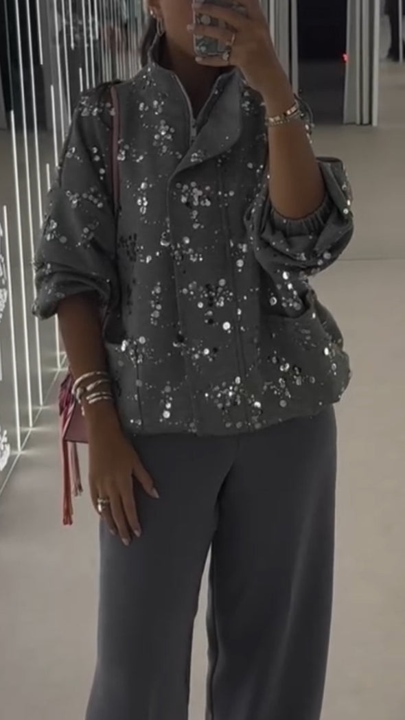 Women Stand Collar Sequined Decoration Casual Jacket