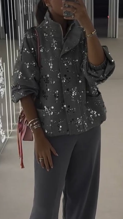 Women Stand Collar Sequined Decoration Casual Jacket