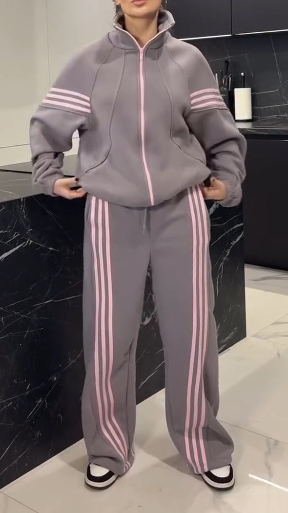 Womens Laple Collar Striped Jacket+ Pants Casual Suit