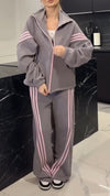 Womens Laple Collar Striped Jacket+ Pants Casual Suit