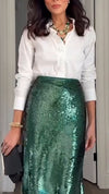 Women Laple Collar Shirt+ Shiny Skirt Casual Set with Temperament