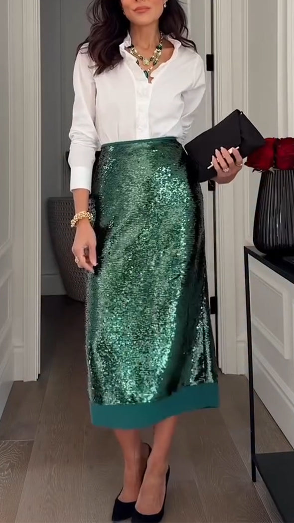 Women Laple Collar Shirt+ Shiny Skirt Casual Set with Temperament