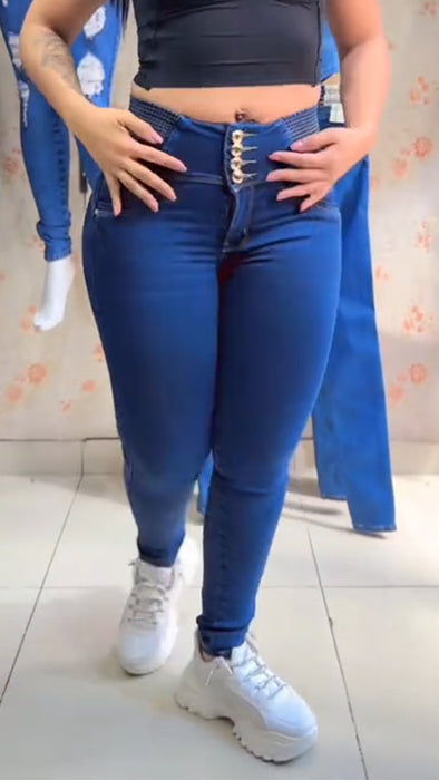 Women Waist Buckle Splicing Casual Jeans