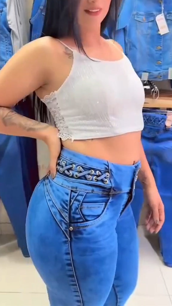 Women Waist Buckle Splicing Casual Jeans