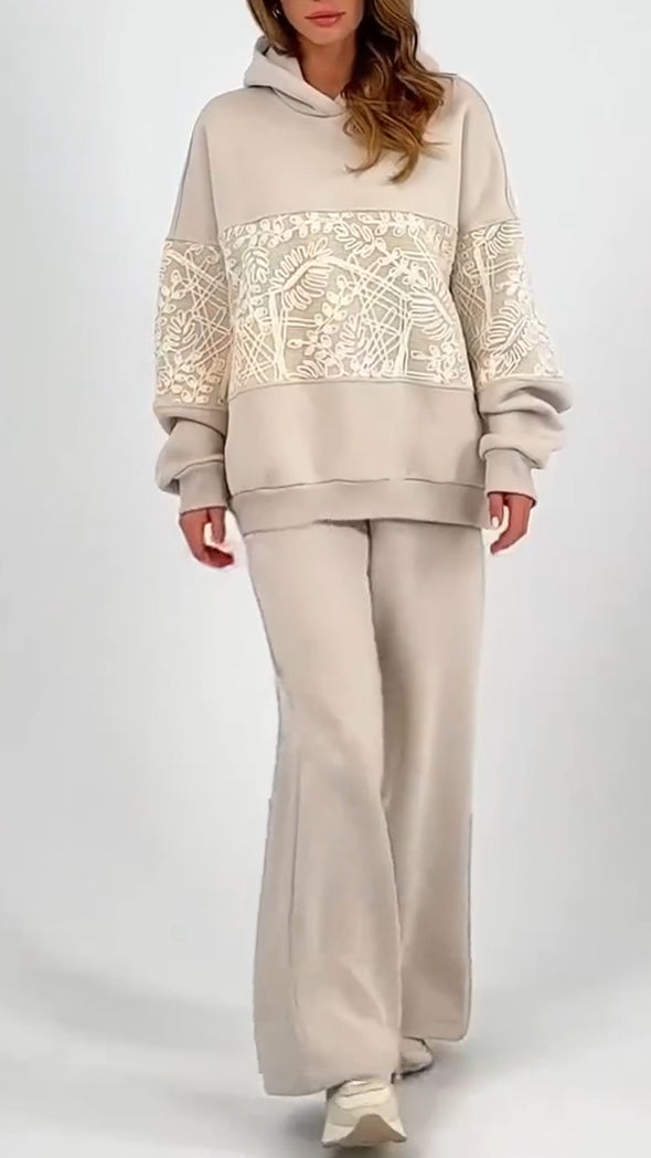 Women Hooded Patchwork Embroidered Pattern Hoodie+ Pants Casual Set