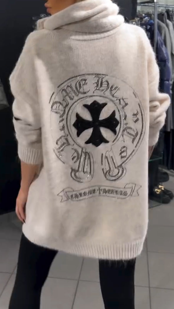 Women Round Neck Printed Casual Sweater + Scarf