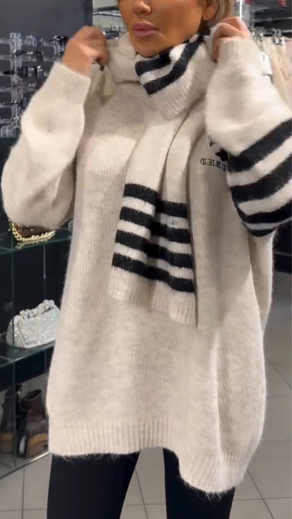 Women Round Neck Printed Casual Sweater + Scarf