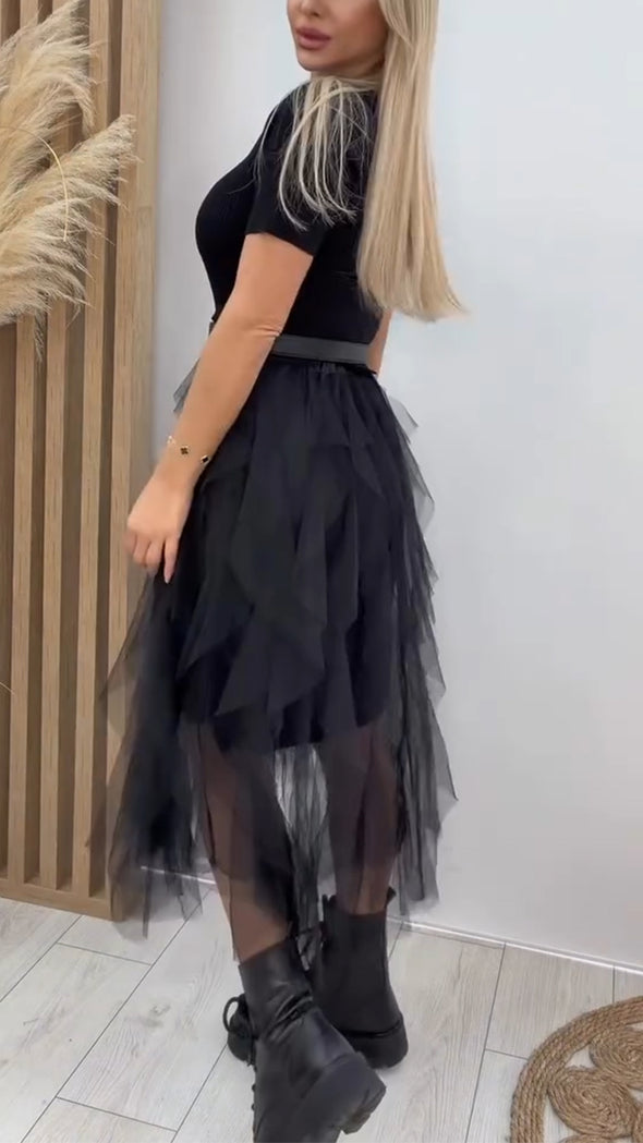 Women Round Neck Patchwork Mesh Casual Dress