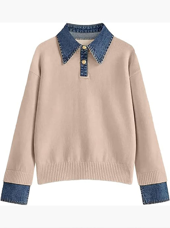 Women Laple Collar Denim Patchwork Sweater Casual Top