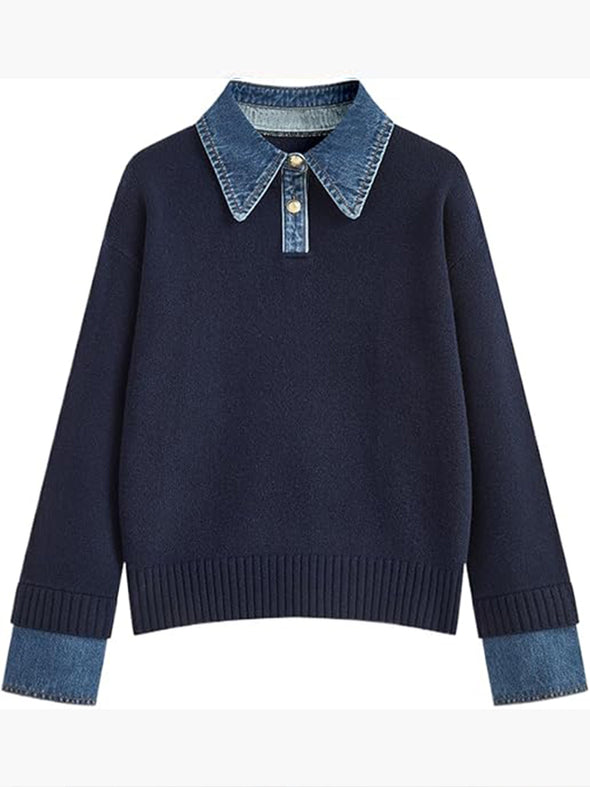 Women Laple Collar Denim Patchwork Sweater Casual Top