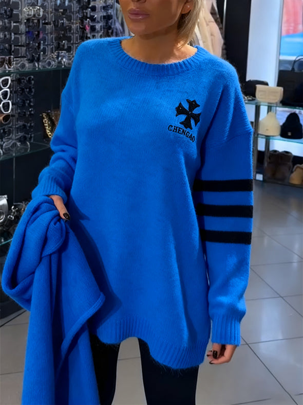 Women Round Neck Printed Casual Sweater + Scarf