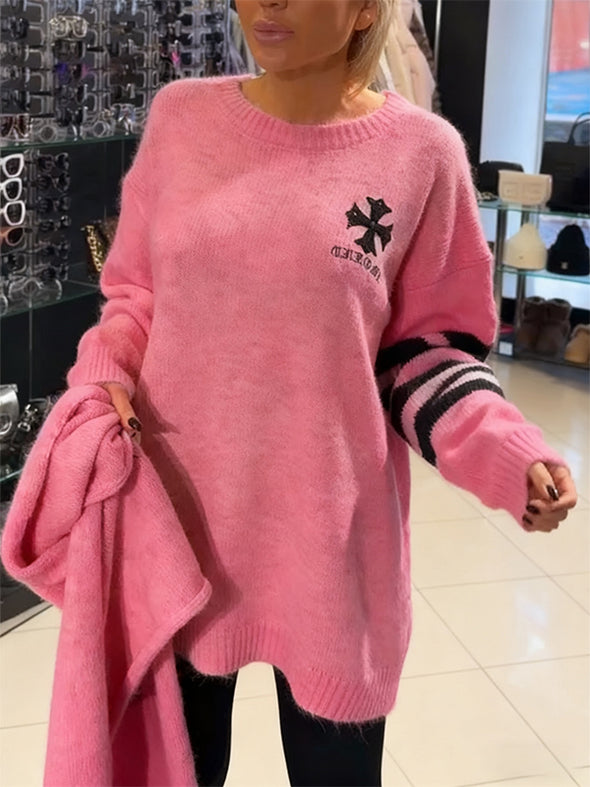 Women Round Neck Printed Casual Sweater + Scarf