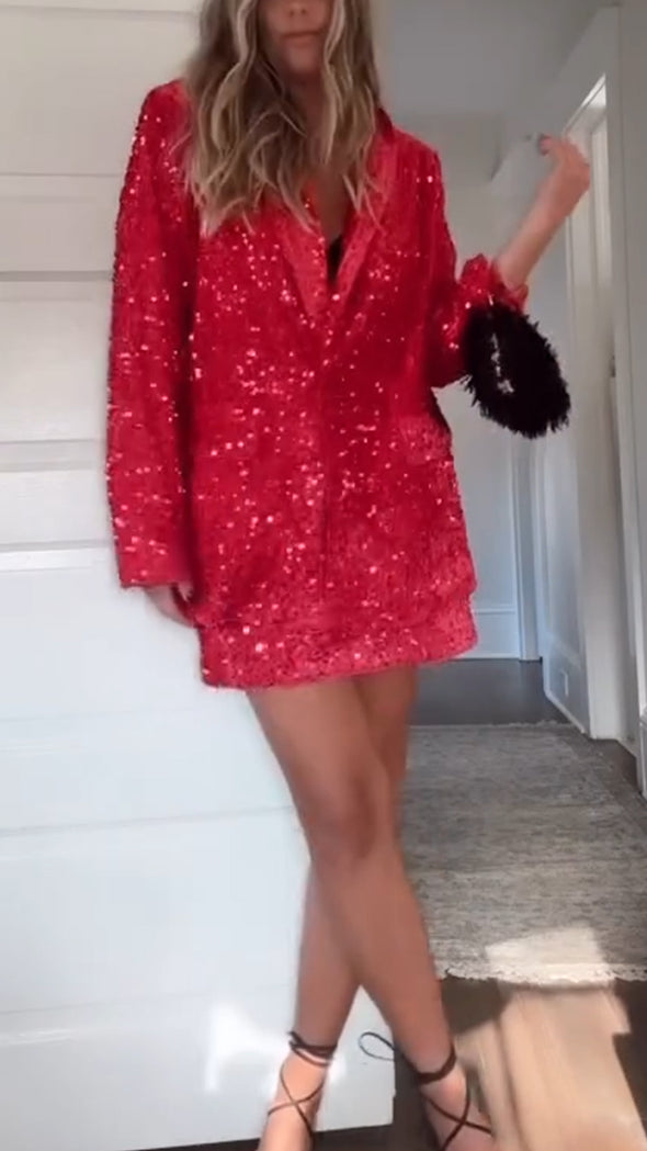 Women Laple Collar Sequin Jacket+ Skirt Temperament Casual Dinner Party Style Set