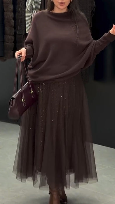 Women Round Neck Knit Top + Patchwork Mesh Skirt Elegant Casual Set