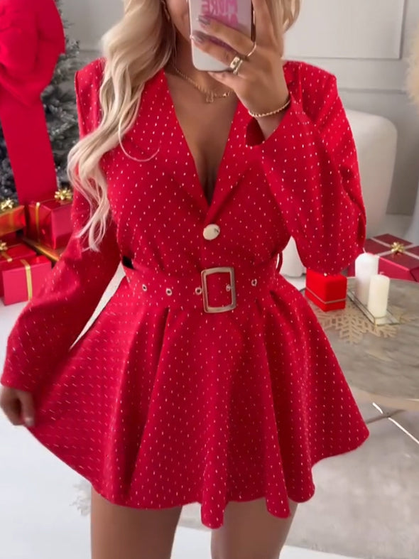 Lapel Rhinestone Jumpsuit with Belt