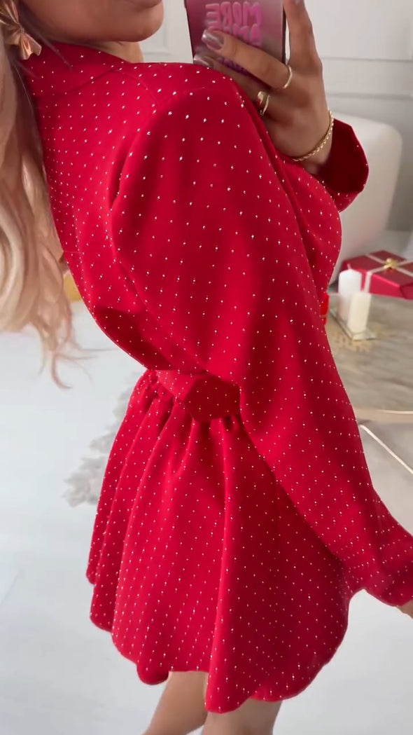 Lapel Rhinestone Jumpsuit with Belt