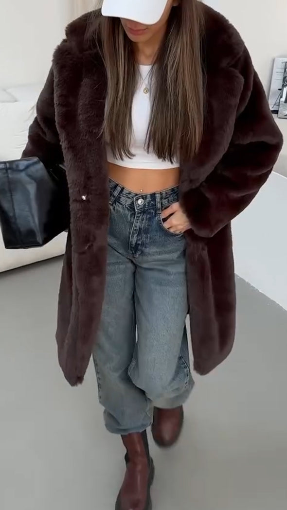 Women Lapel Solid Color Temperament Casual Plush Coat