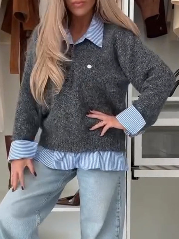 Women Laple Collar Splicing Temperament Commuting Fake Two-piece Top