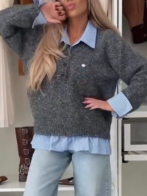 Women Laple Collar Splicing Temperament Commuting Fake Two-piece Top