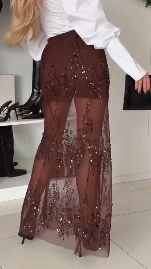 Women Patchwork Sequin Mesh Casual Skirt