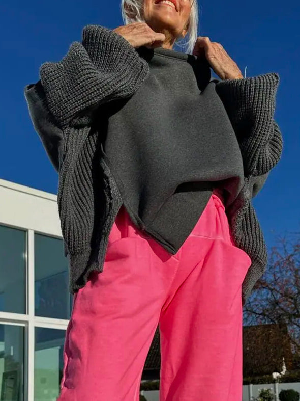 Women Round Neck Patchwork Knitted Sleeve Casual Weatshirt