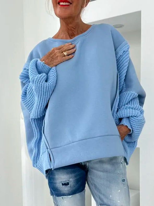 Women Round Neck Patchwork Knitted Sleeve Casual Weatshirt