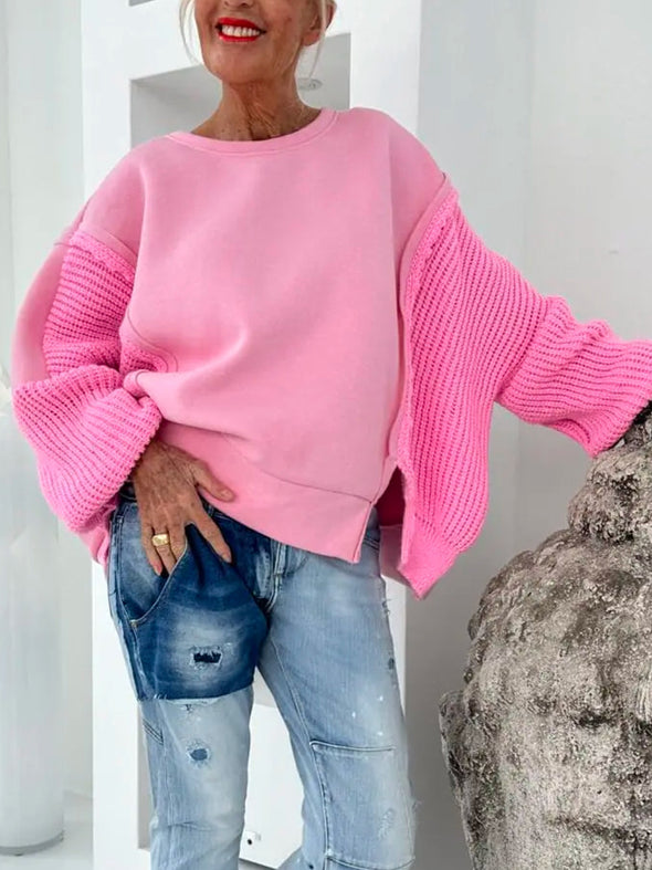 Women Round Neck Patchwork Knitted Sleeve Casual Weatshirt