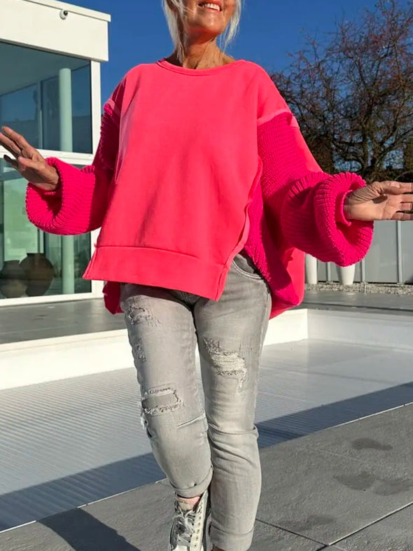 Women Round Neck Patchwork Knitted Sleeve Casual Weatshirt