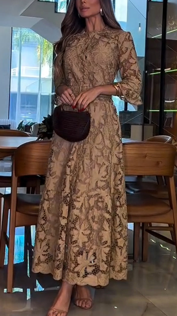 Women Round Neck Printed Hollow Out Elegant Temperament Dress