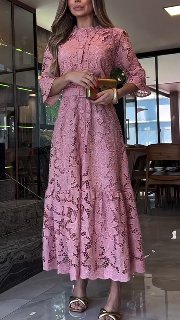 Women Round Neck Printed Hollow Out Elegant Temperament Dress