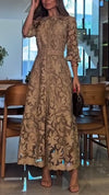 Women Round Neck Printed Hollow Out Elegant Temperament Dress