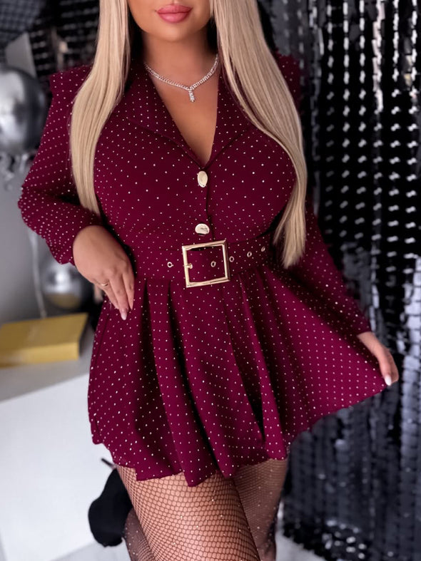 Lapel Rhinestone Jumpsuit with Belt